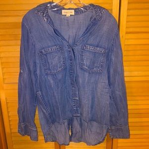 Vintage-style mock denim button down long sleeve